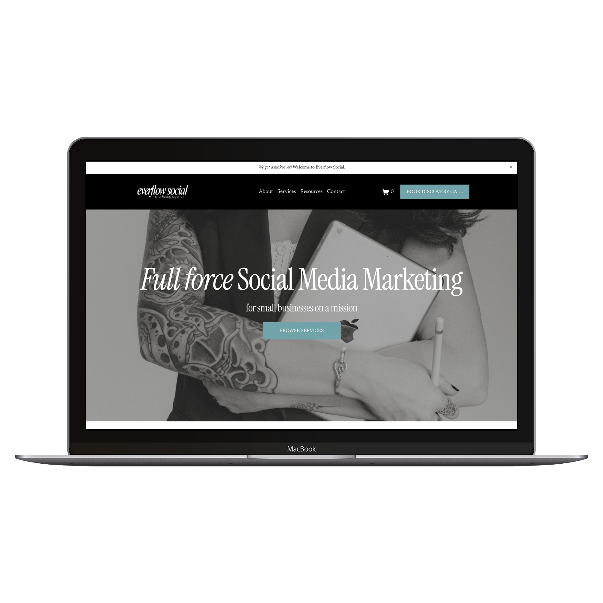 A laptop displaying a website for 'Everflow Social,' a social media marketing agency, with a grayscale image of a person holding a tablet and stylus, showing the homepage with text 'Full force Social Media Marketing' and a blue call-to-action button.