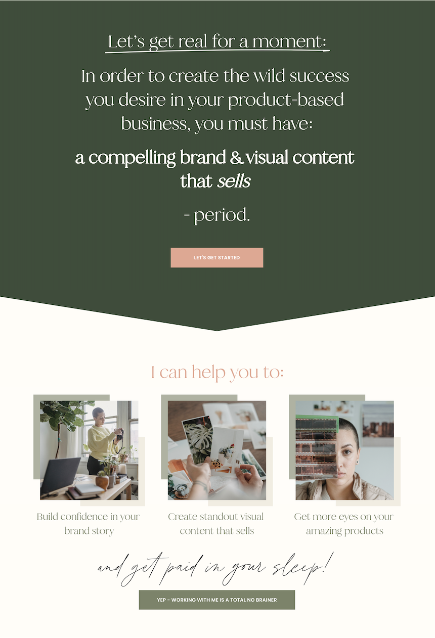 A promotional webpage with a green and white color scheme encouraging brand and visual content creation for business success. Features a call-to-action button, three images of people working on branding and design, and motivational text about confide
