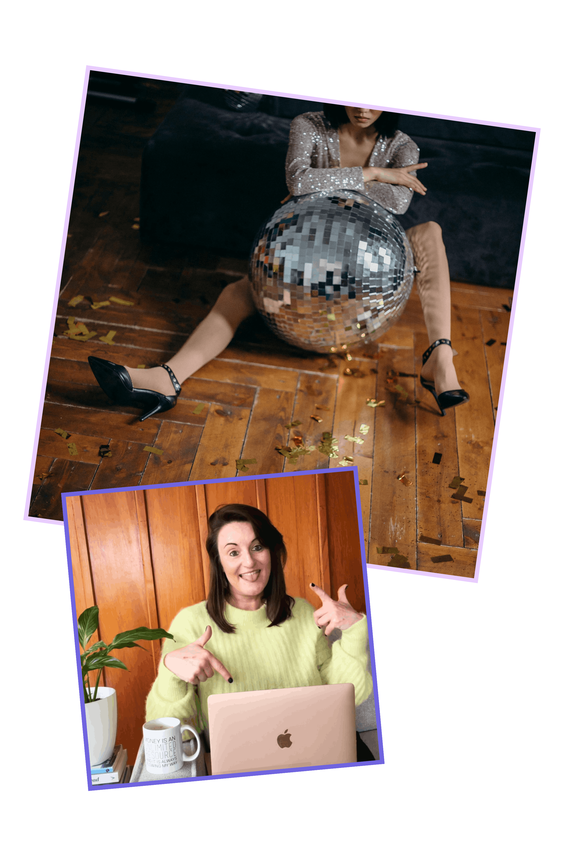 Two women in different photos, one with a disco ball and another with a laptop and a mug, in indoor settings.