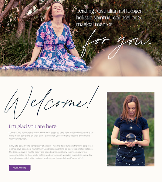 A woman sitting outdoors on grass with closed eyes and a smile, wearing a blue and pink floral dress, leading Australian astrology and spiritual guidance in a promotional image with text overlays.