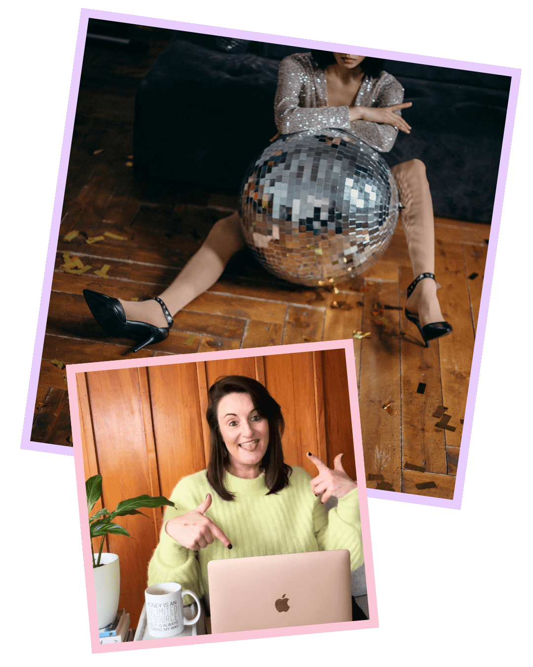 Woman sitting on a wooden floor holding a shiny disco ball between her legs. Squarespace web designer wearing a lime jumper and pointing towards her Apply Macbook Air which is sitting on her lap.