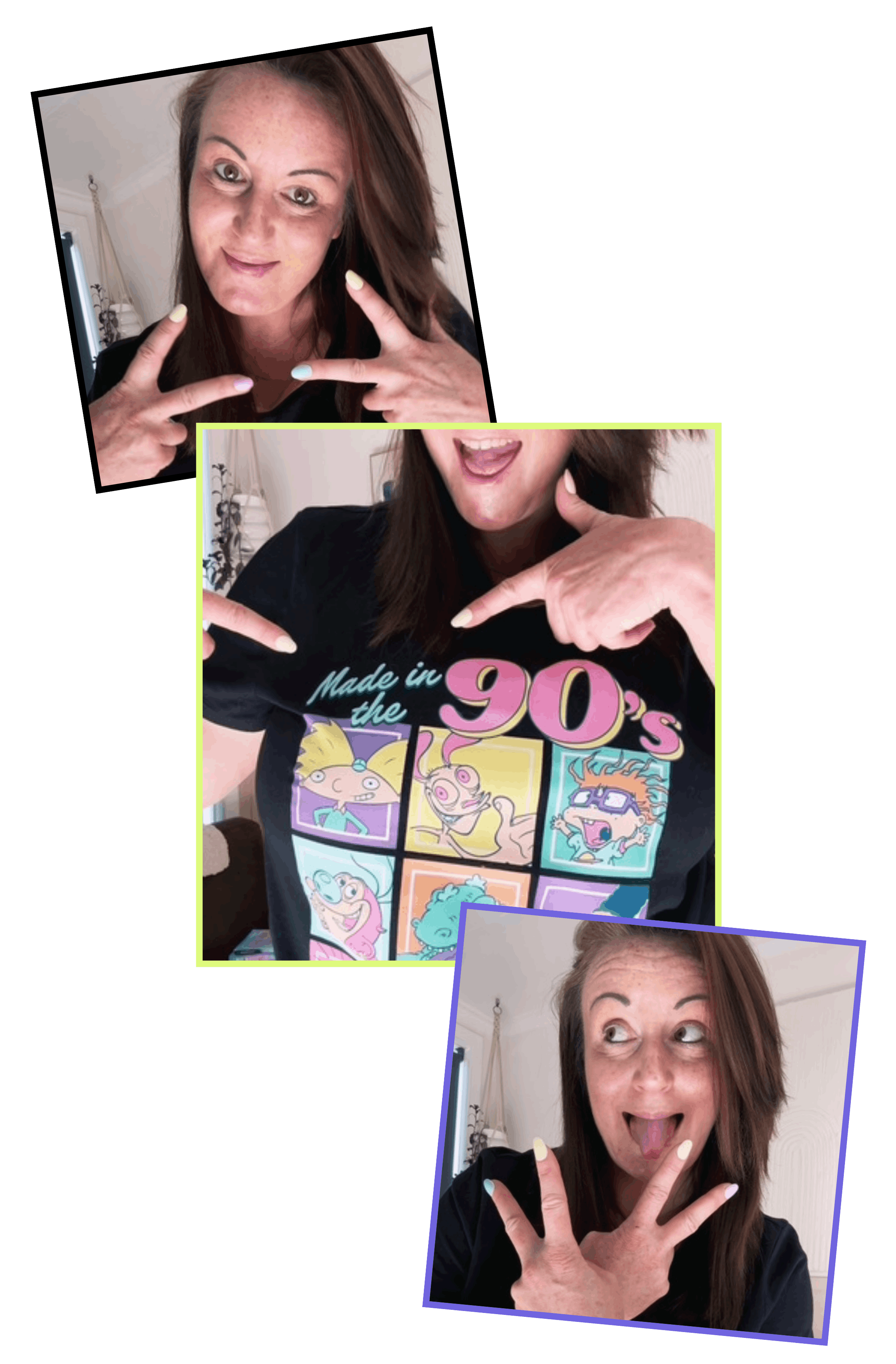 A woman with reddish-brown hair making playful expressions with her tongue sticking out and fingers pointing to her face in different fun poses.