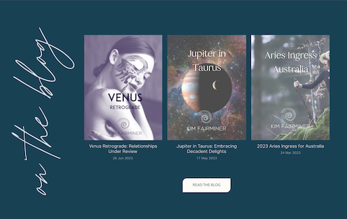 Three book covers about astrology and astronomy, titled 'Venus Retrograde', 'Jupiter in Taurus', and 'Aries Ingress for Australia'.