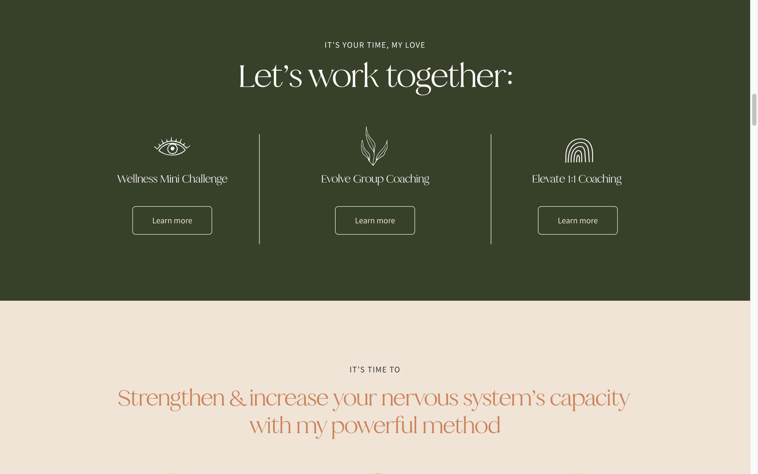 Text promoting wellness and coaching services, with icons and buttons for 'Wellness Mini Challenge,' 'Evolve Group Coaching,' and 'Elevate 1:1 Coaching' on a green background, and a statement about increasing nervous system capacity on a beige backgr