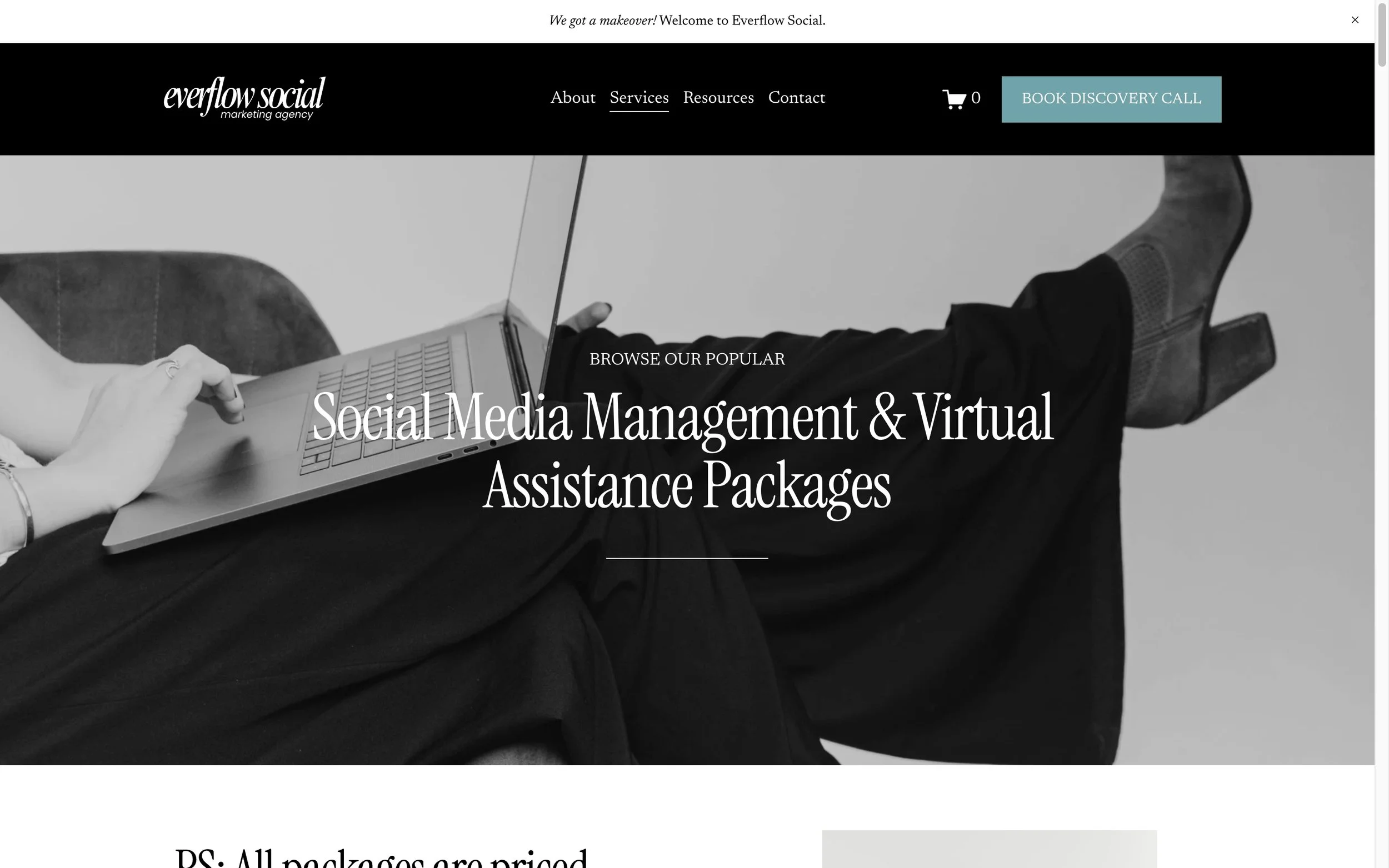 Website homepage for Everflow Social marketing agency featuring a black and white photo of a person using a laptop, with navigation menu options, a shopping cart icon, and a call-to-action button for booking a discovery call.
