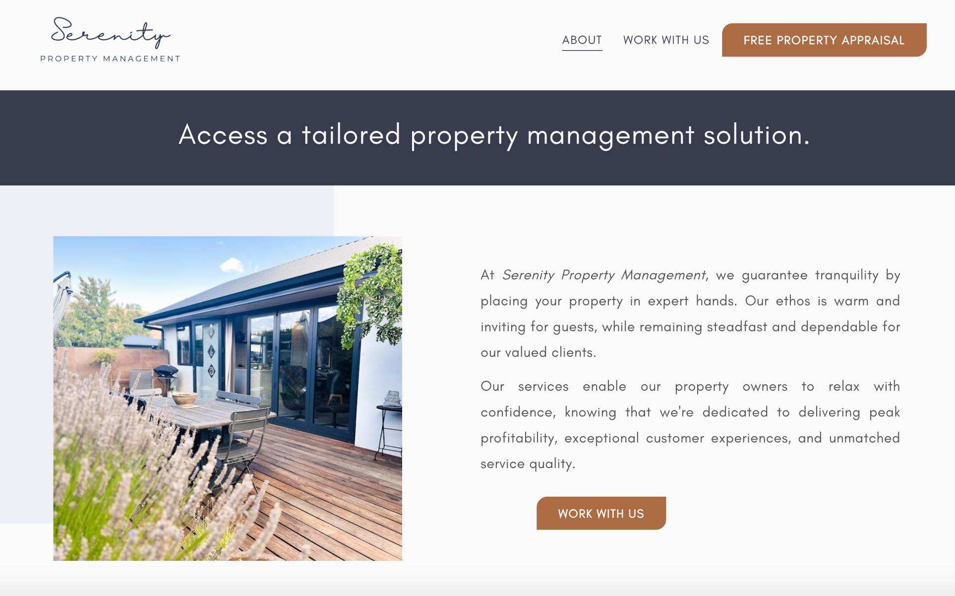 A property management company's website homepage featuring an outdoor patio with a wooden deck, patio furniture, and a modern building with glass sliding doors, under a clear blue sky with some clouds.