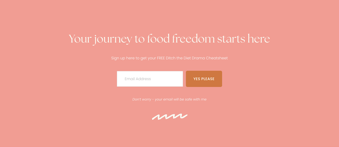 A pink webpage offering a free diet drama cheatsheet with a sign-up form for an email address and a "YES PLEASE" button.