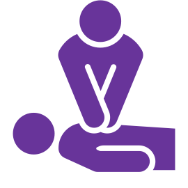 A purple icon of a person performing chest compressions on a person lying on their back, illustrating CPR.
