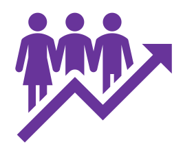 Purple icons of a woman and two men standing above an upward trending arrow.
