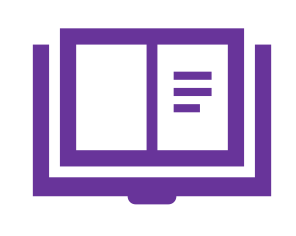 Icon of an open book with a purple cover and three horizontal lines representing text.