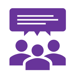 Icon of three people with a purple speech bubble above them, indicating a discussion or conversation.