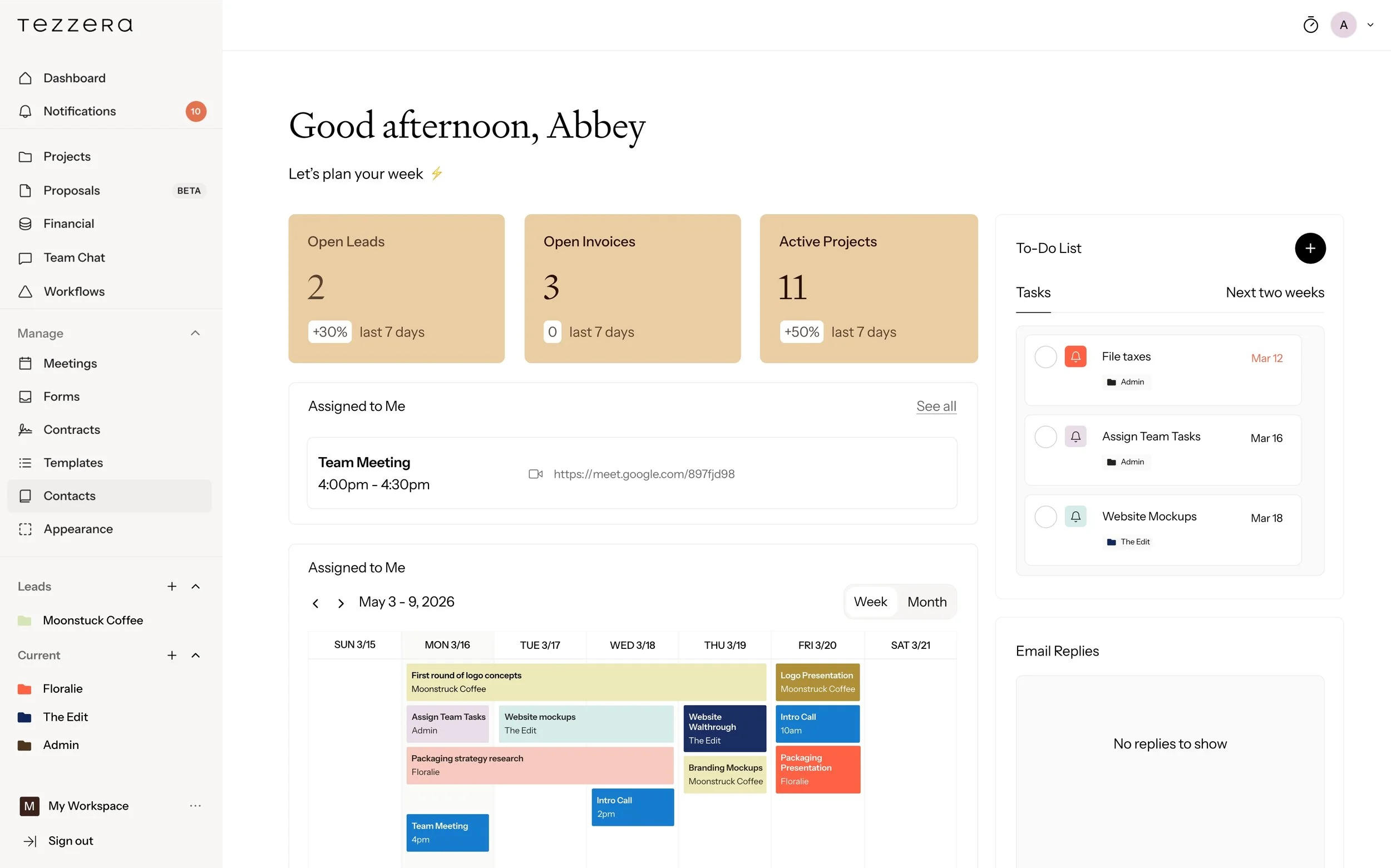 A digital workspace dashboard with a sidebar menu on the left and various project and schedule information displayed on the main screen. The sidebar includes sections like Dashboard, Notifications, Projects, Proposals, Financial, Team Chat, and Workflows. The main area shows a greeting, task summaries with numbers for open leads, open invoices, and active projects, a calendar with scheduled meetings, and a color-coded project timeline with task labels.