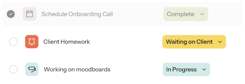 Project management checklist with tasks: Schedule Onboarding Call marked Complete, Client Homework marked Waiting on Client, Working on moodboards marked In Progress.
