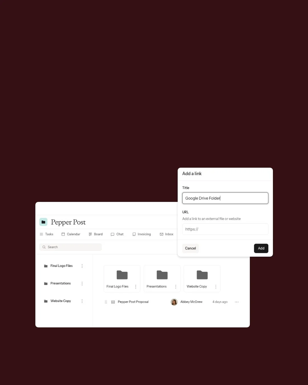 Screenshot of a digital workspace titled "Pepper Post" showing folders and a pop-up window for adding a link, with a blurred dark background.