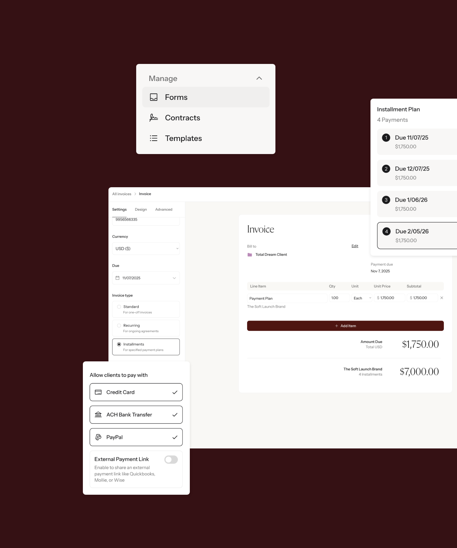 Screenshot of a digital invoice creation and management interface with payment plan options and payment methods.