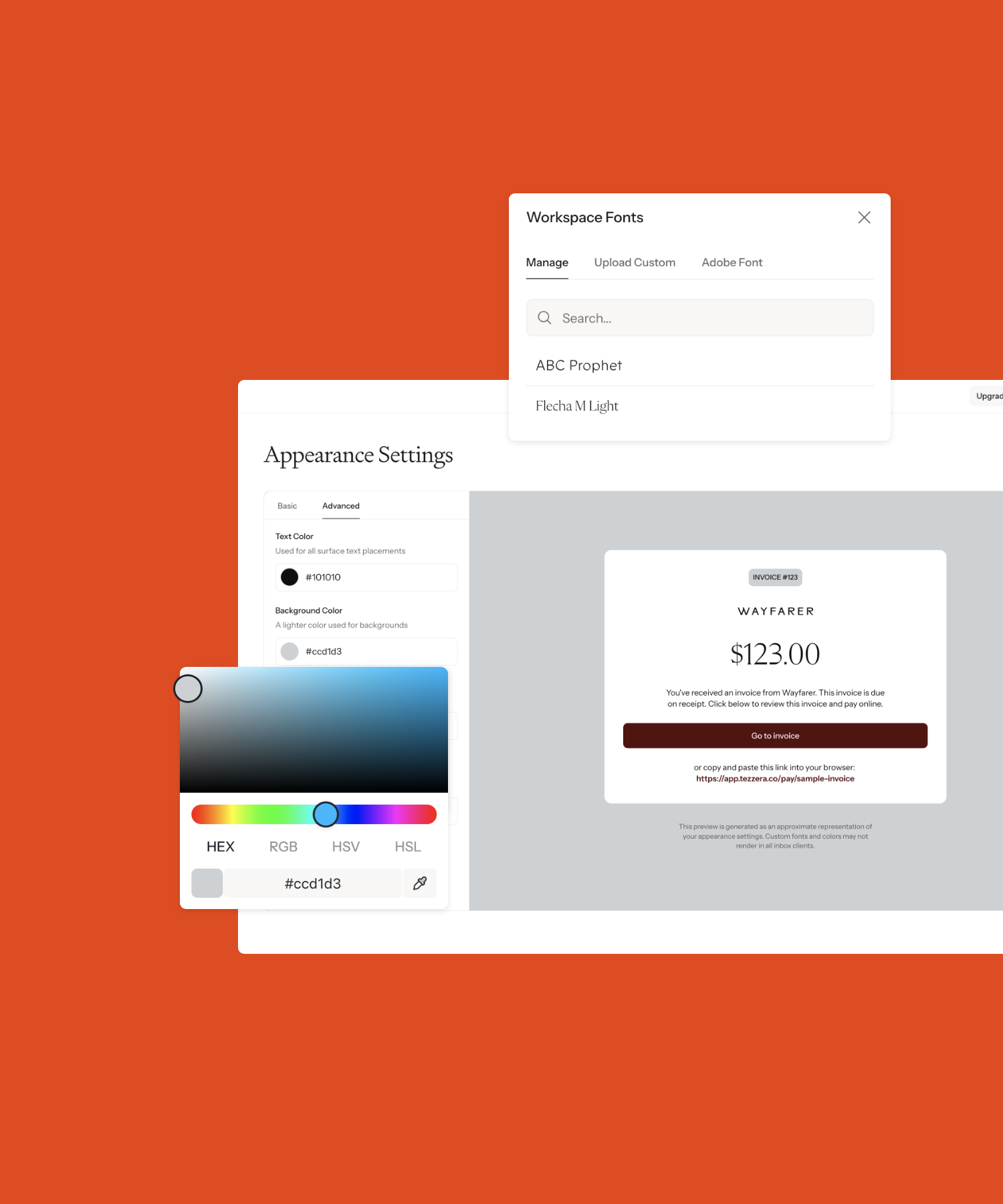 Screenshot of design software interface showing workspace font options, appearance settings, and a sample invoice with customization tools.