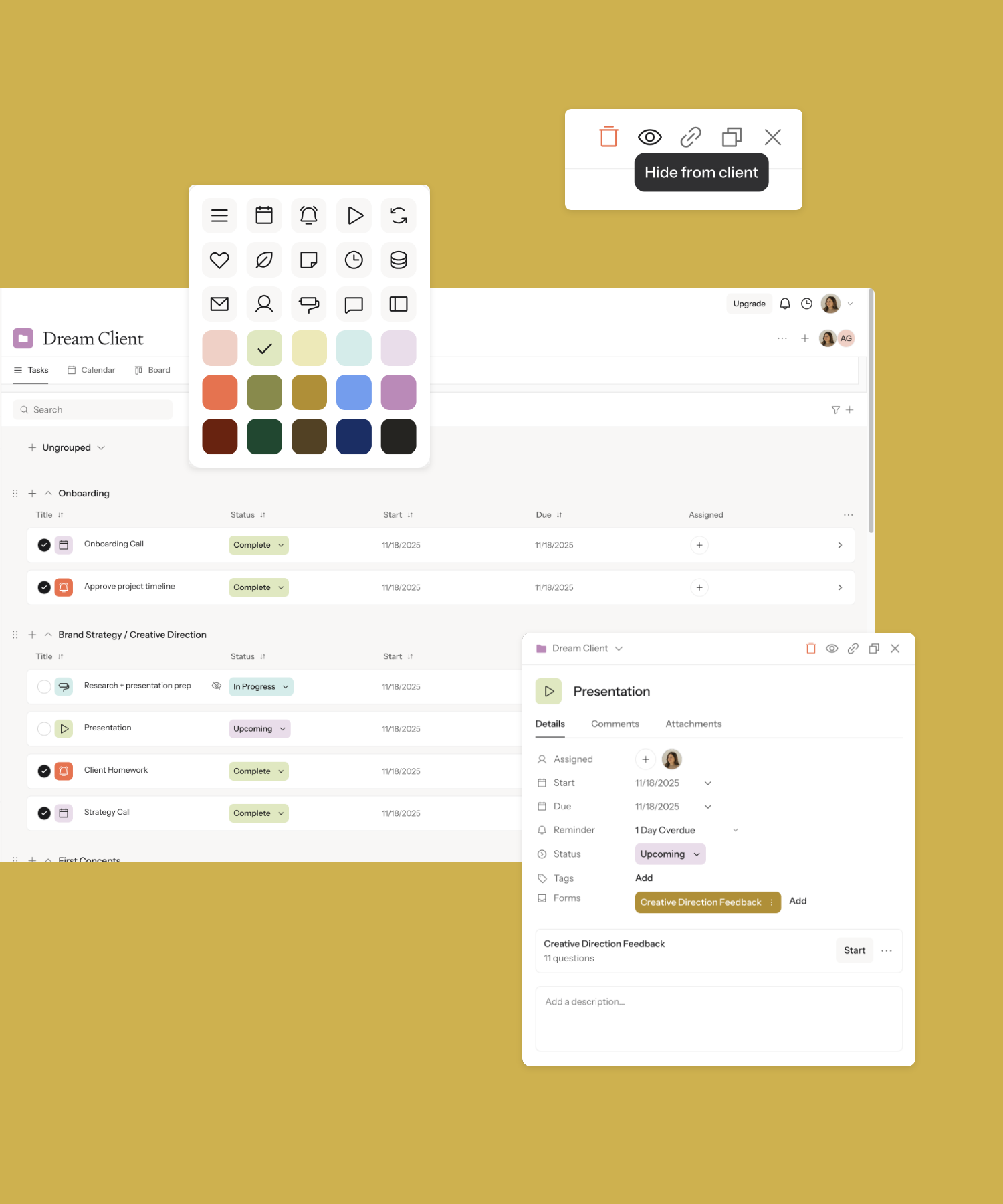 Screenshot of a project management dashboard titled 'Dream Client,' showing task lists, status indicators, and details of a presentation task, with a color palette overlay.