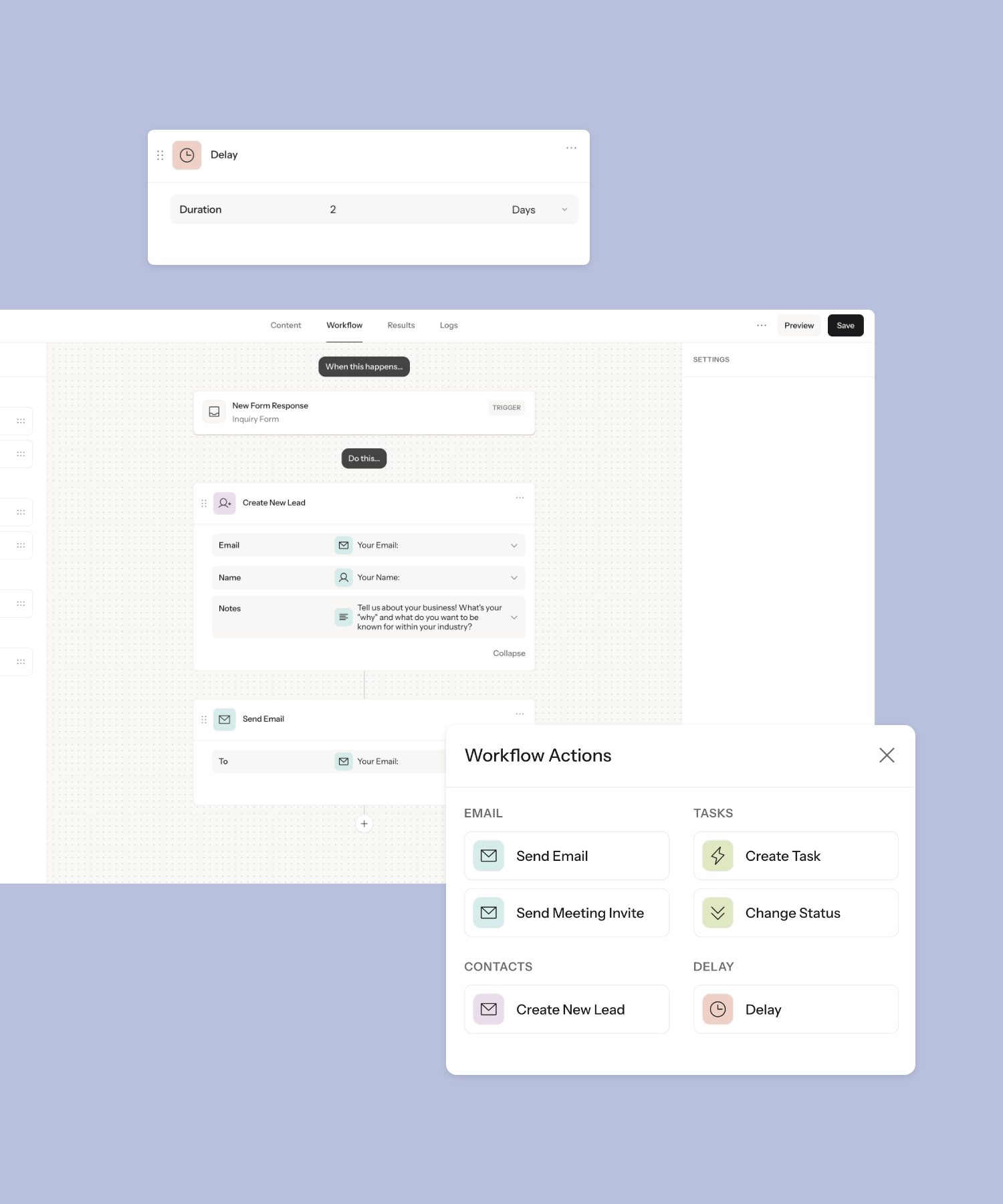 Screenshot of a workflow automation interface with sections for delay, form response, lead creation, and email sending, along with workflow actions options including send email, send meeting invite, create task, change status, create new lead, and delay.