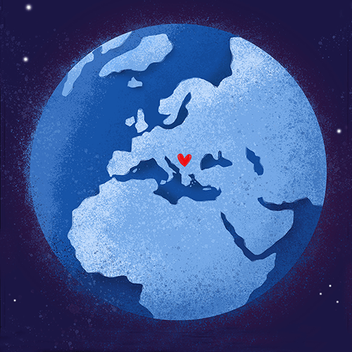 Illustration of Earth showing Europe, with a red heart over Italy.