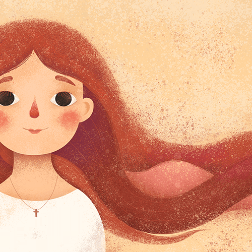 Illustration of a girl with long flowing red hair and a cross necklace, wearing a white shirt.