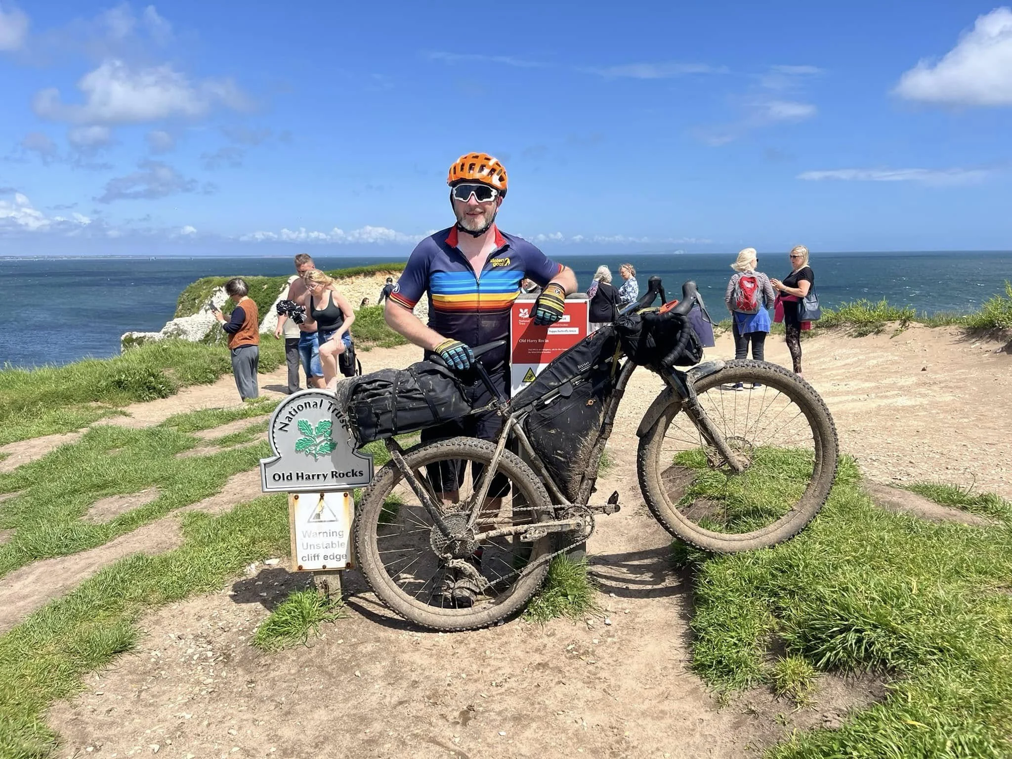 Michael Page bikepacking on the Smokestone Mr Harry at Old Harry Rocks, Dorset