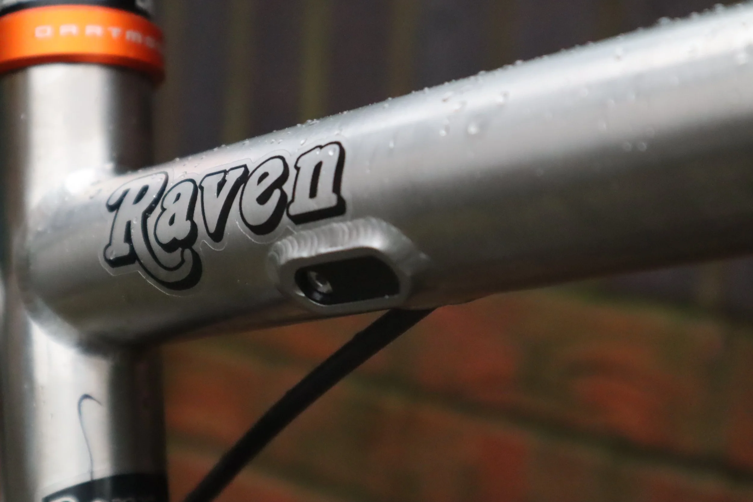 Close-up of the Smokestone Raven top tube showing the Raven logo.