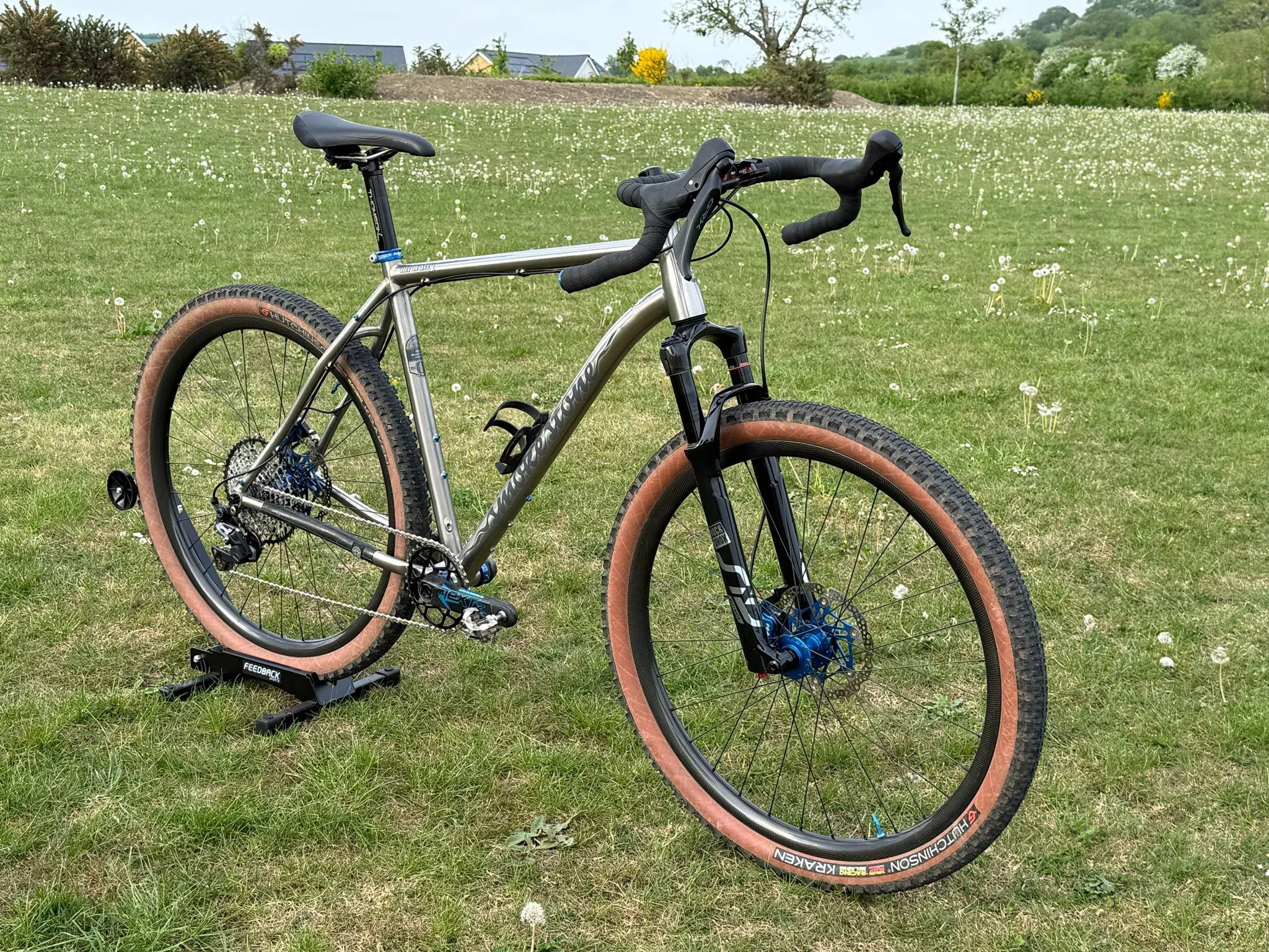 A mountain bike with brown tires on a grassy field with small white flowers, trees, and houses in the background.