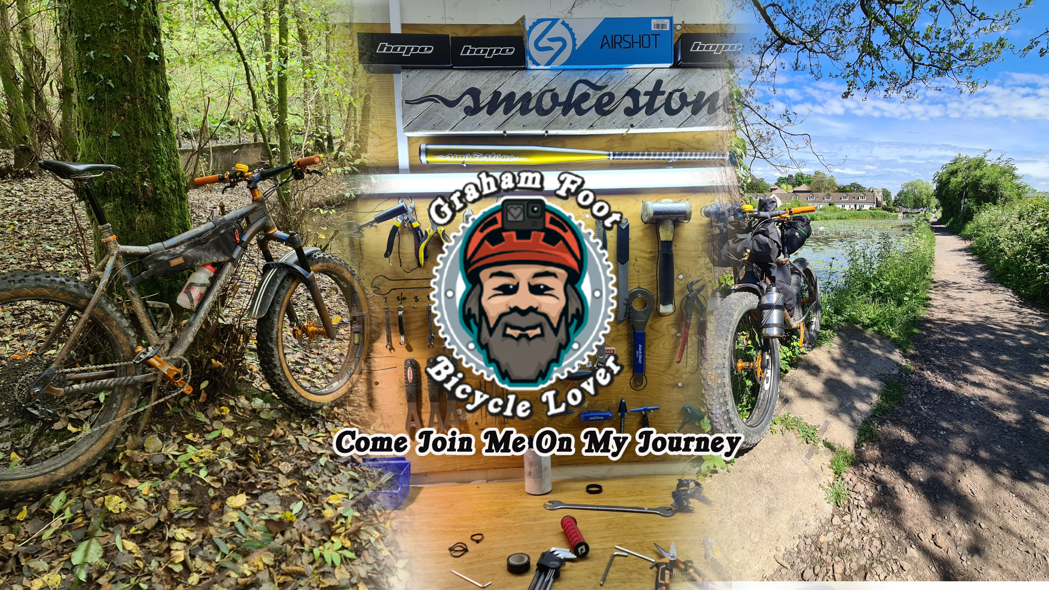 A collage of outdoor biking scenes with a mountain bike on a wooded trail and a bicycle along a riverbank, overlaid with a graphic logo of a bearded cyclist and the text "Graham Foor Bicycle Lover Come Join Me On My Journey." The top shows various bike accessories and repair tools, with a background of trees, water, and a walking path.