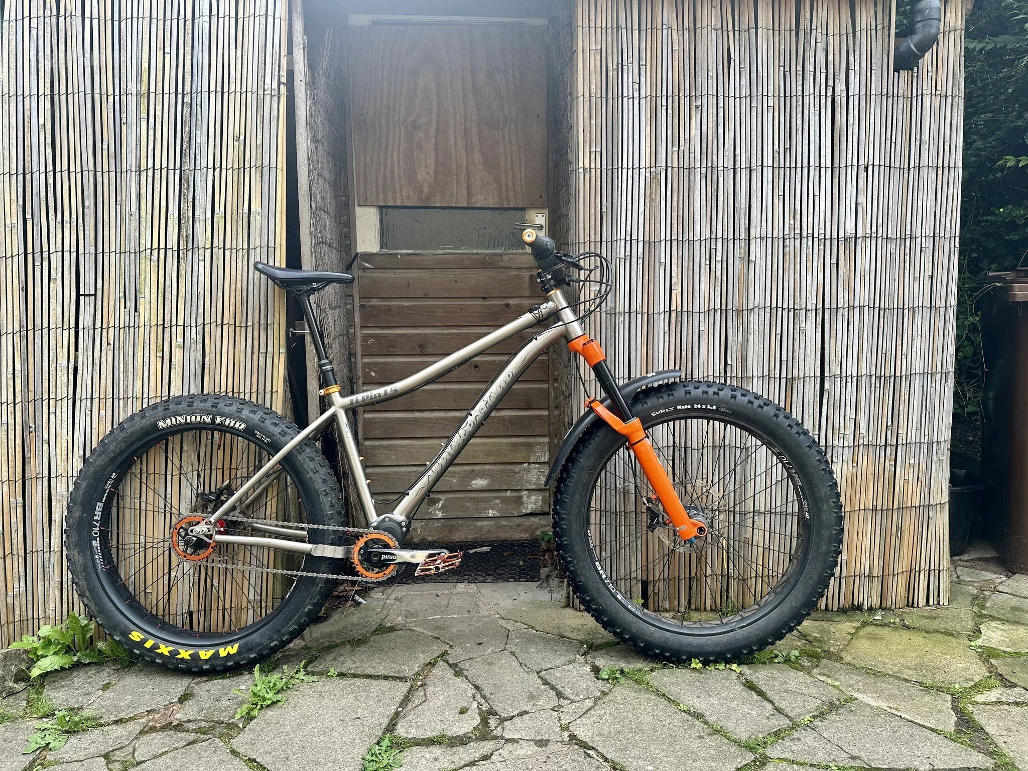 Fat tire mountain bike with orange fork leaning against a bamboo fence on a stone path.