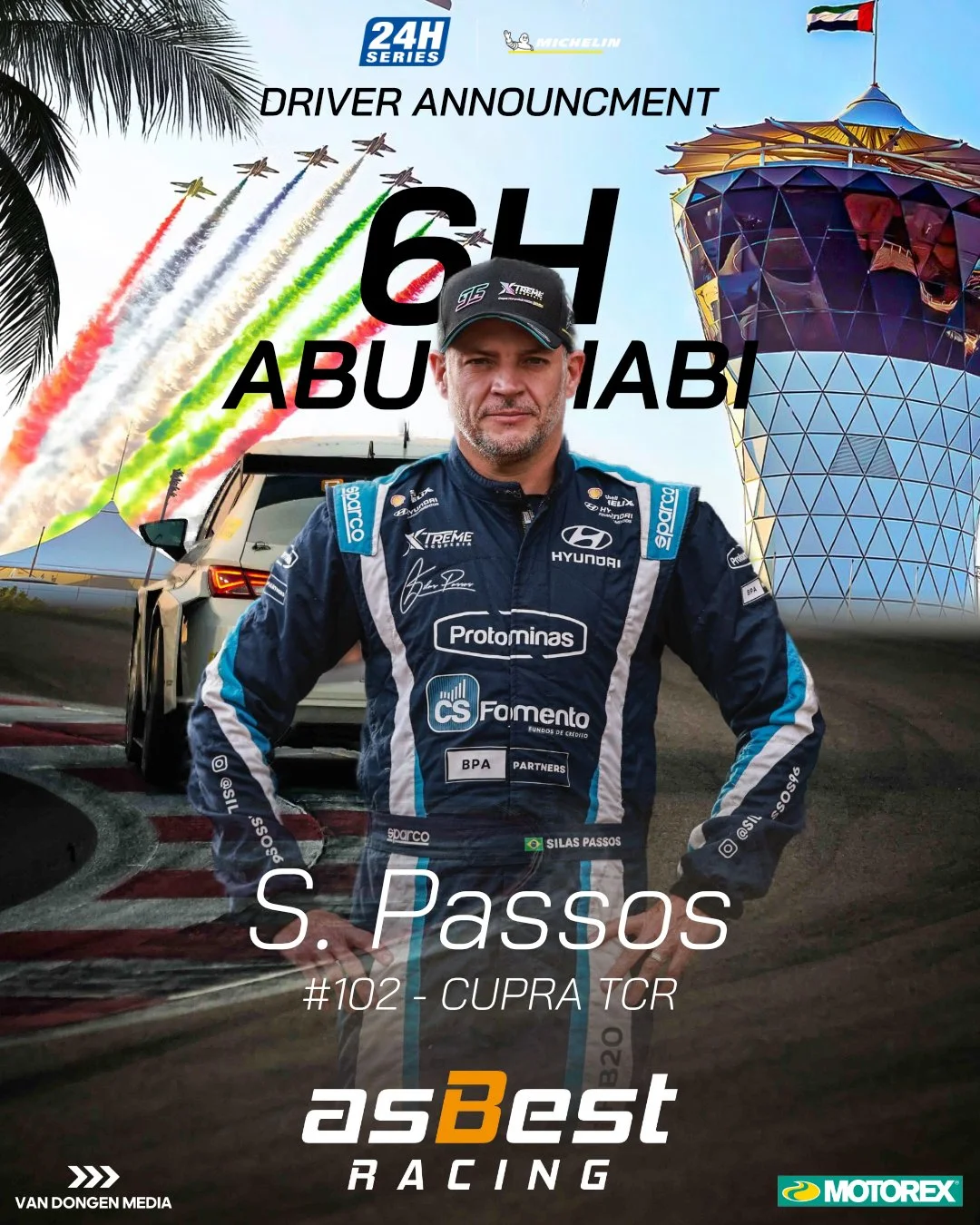 Race car driver S. Passos in racing suit standing in front of a race car, with a large screen displaying colorful aerial acrobatics, a tall modern building, and promotional logos in the background, announcing 64th Abu Dhabi race.
