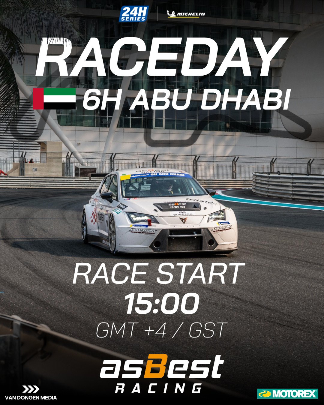 Promotional poster for a racing event featuring a car on a race track. Text indicates a 6-hour race at Abu Dhabi starting at 15:00 GMT+4/GST, organized by asBest Racing, with sponsorship logos including Michelin and Motorex.