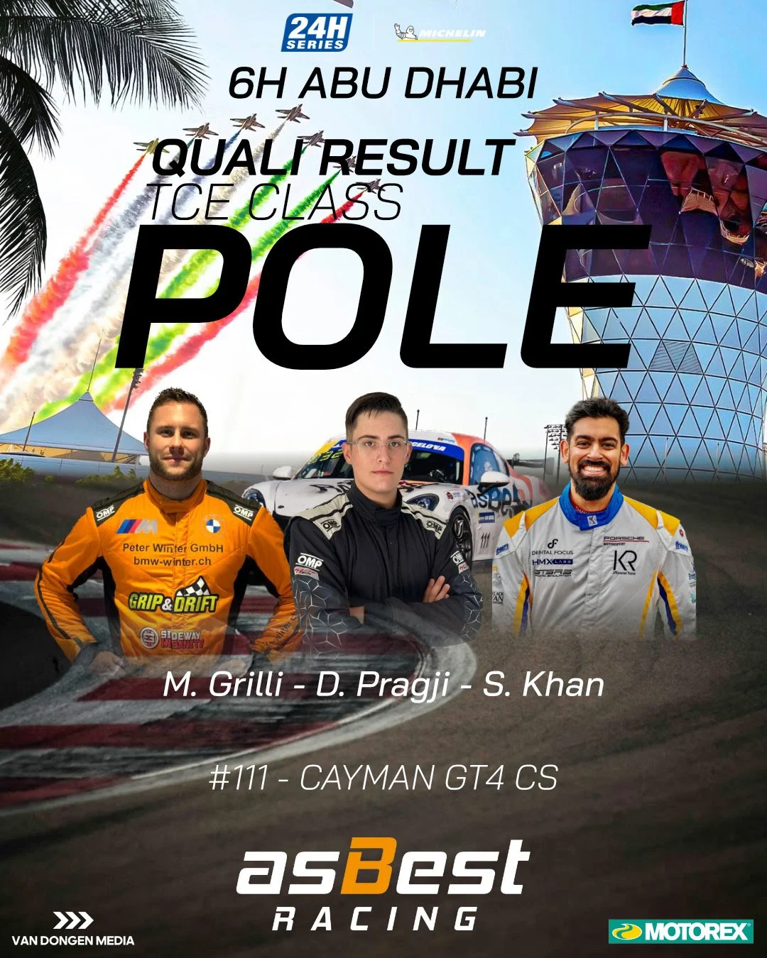 Poster celebrating the pole position in the 6-hour Abu Dhabi race, part of the 24-hour series, featuring three race car drivers M. Grilli, D. Pragji, and S. Khan for the Cayman GT4 CS, with background images of race cars, a modern building, and a flag.