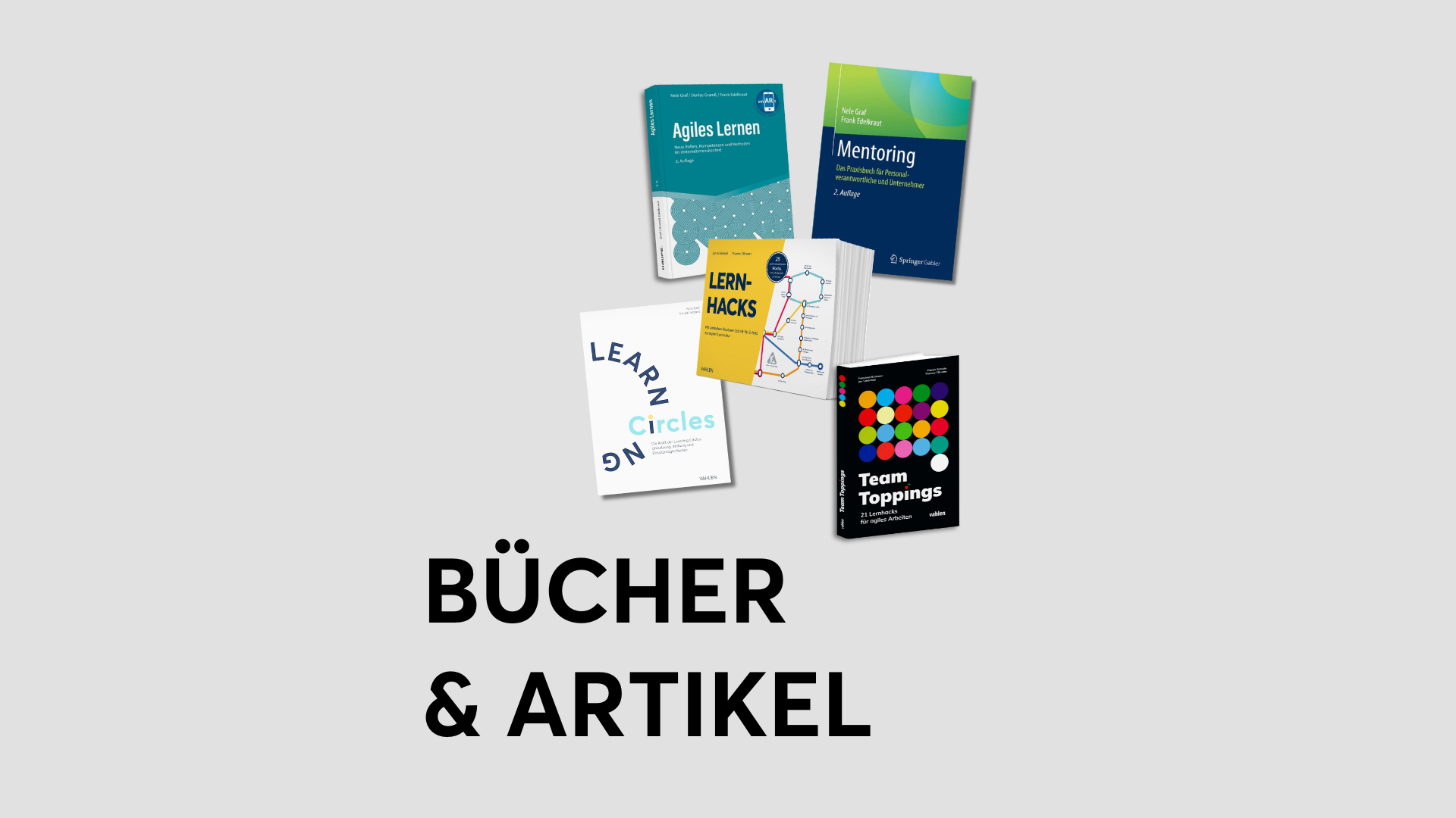 Fünf Bücher zum Thema agiles Lernen und Mentoring vor einem grauen Hintergrund mit dem Titel "BÜCHER & ARTIKEL".