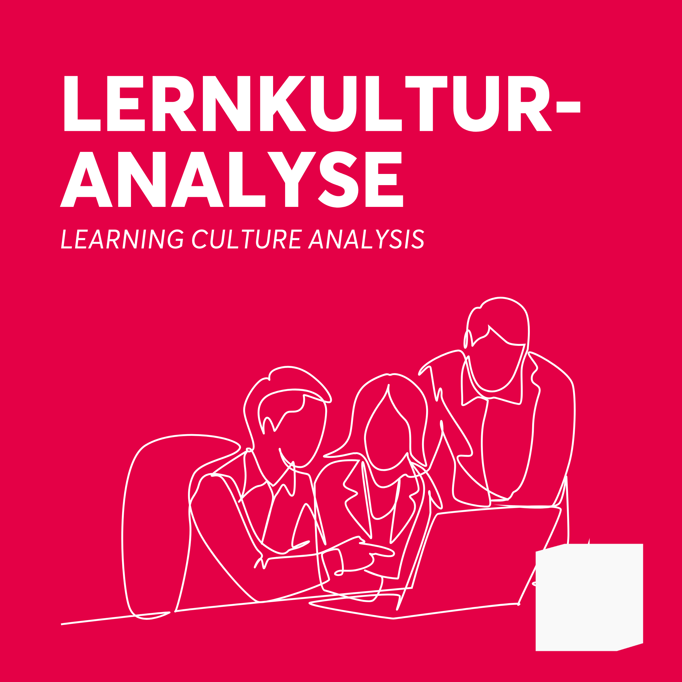 Illustration von drei Personen, die auf einen Laptop schauen, mit dem Text "Lernkultur-Analyse" im Hintergrund auf rotem Hintergrund.