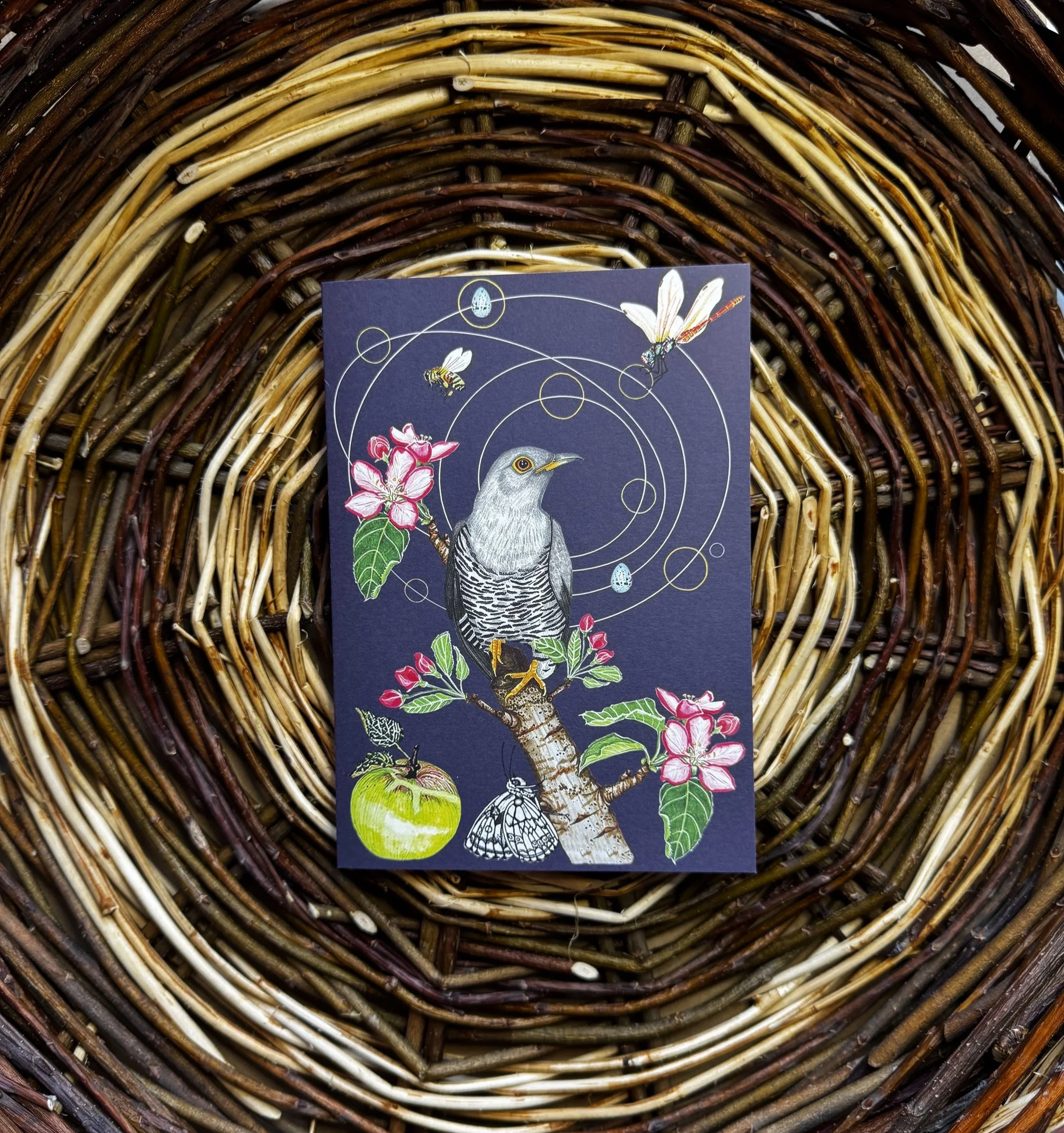 A decorative card featuring a bird perched on a branch with pink flowers, surrounded by illustrations of bees, butterflies, and other insects, placed on a woven wicker surface.