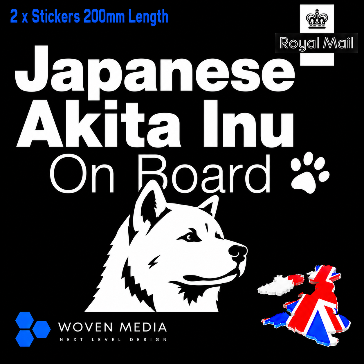 Japanese Akita Inu On Board Decals & Stickers – Pair | White 200mm Vinyl Car Window Decals