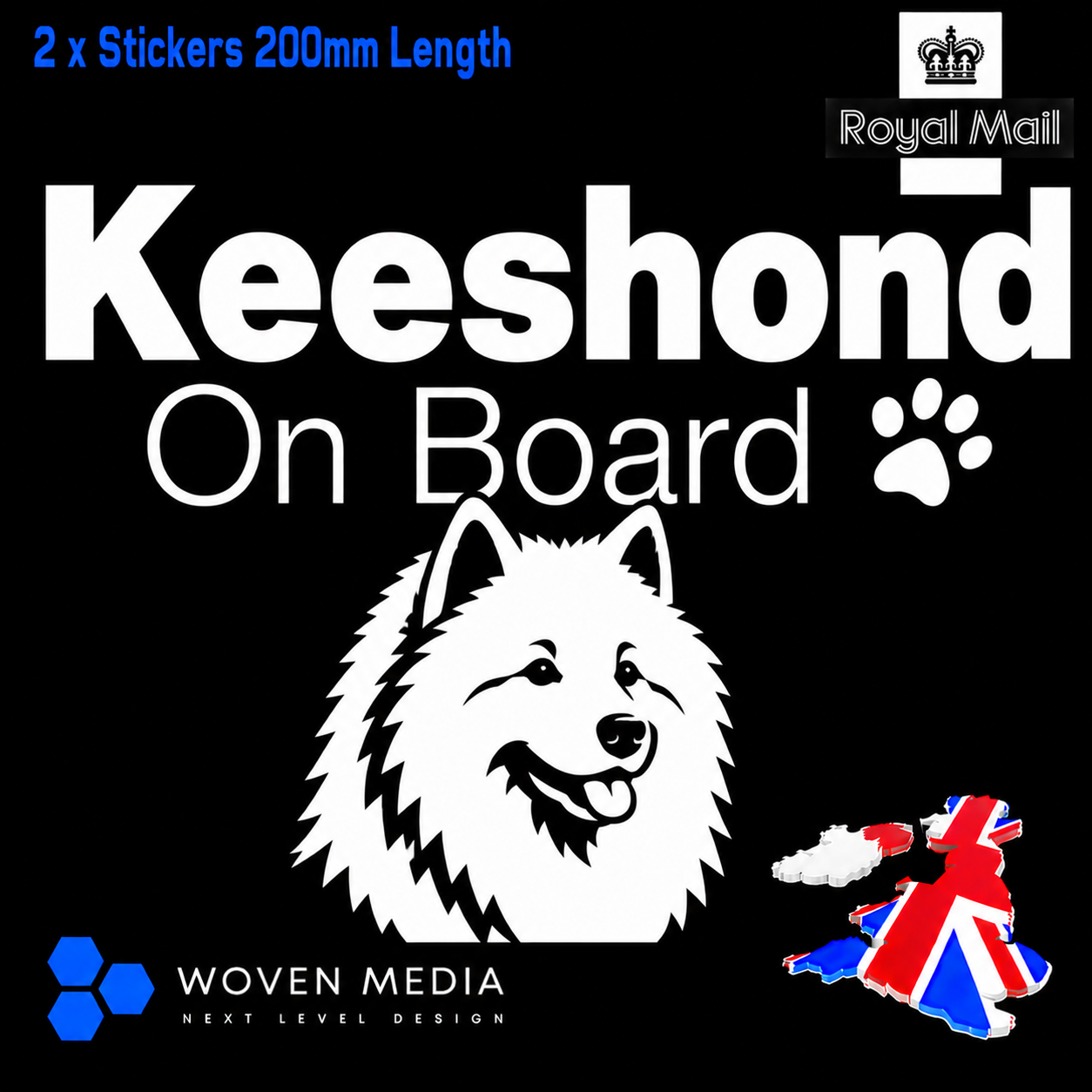 Keeshond On Board Decals & Stickers – Pair | White 200mm Vinyl Car Window Decals