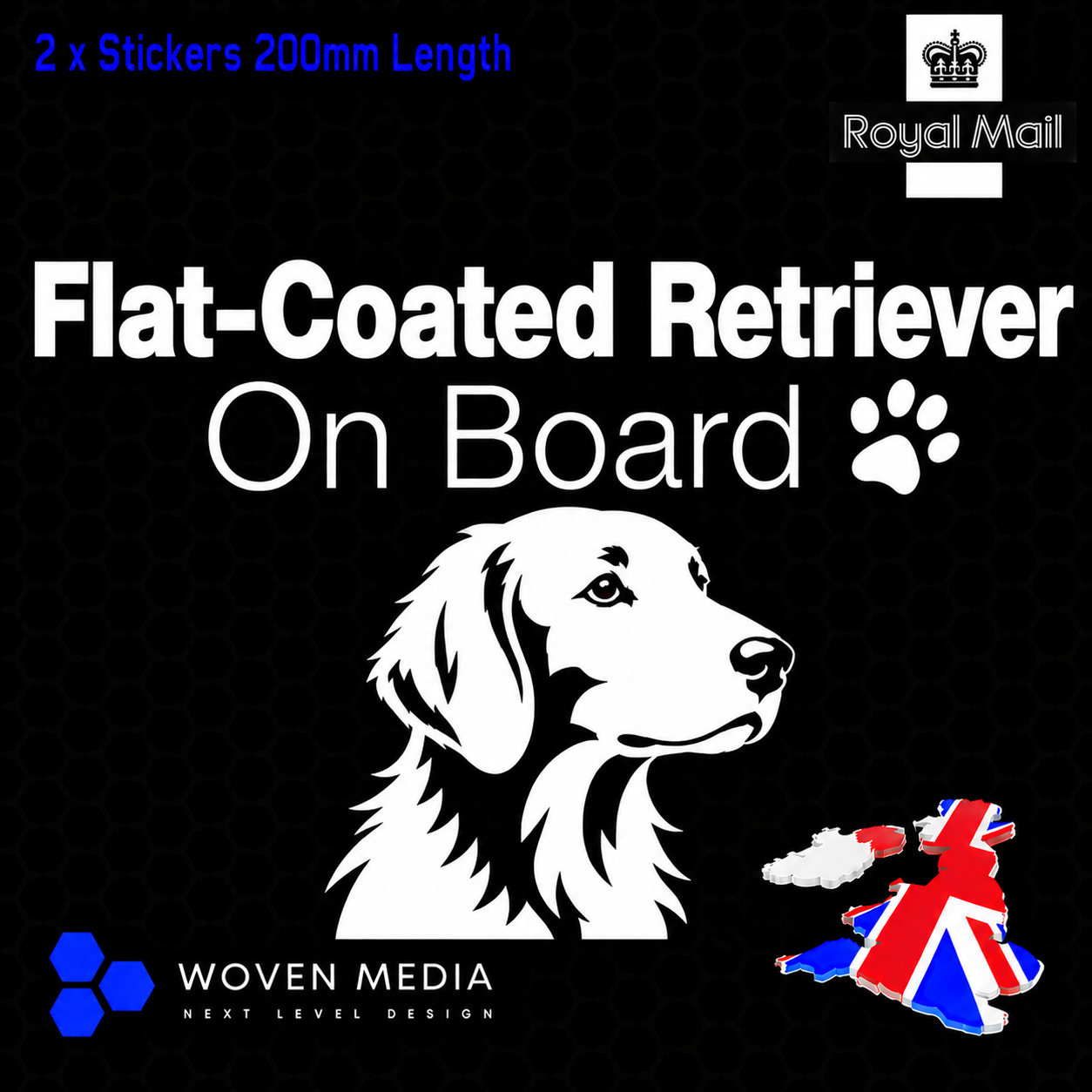 Flat-Coated Retriever On Board Decals & Stickers – Pair | White 200mm Vinyl Car Window Decals