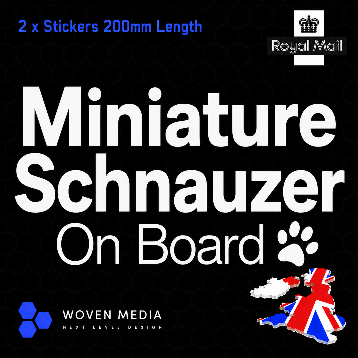 Miniature Schnauzer On Board Decals & Stickers – Pair | White 200mm Vinyl Car Window Decals