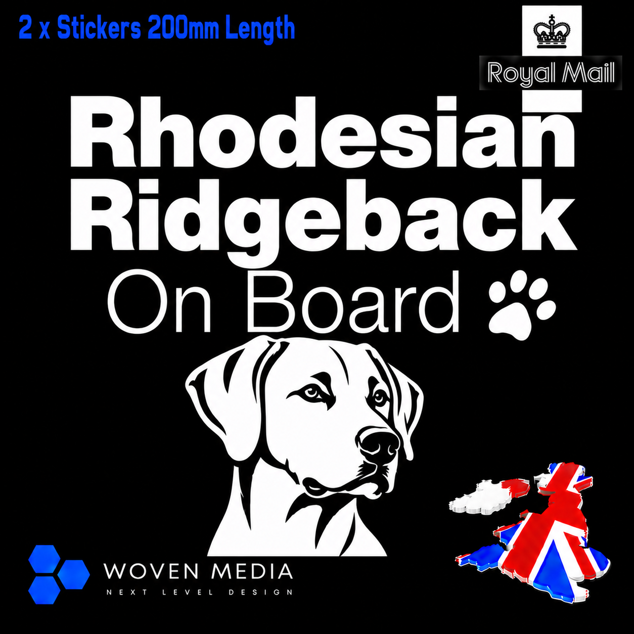 Rhodesian Ridgeback On Board Decals & Stickers – Pair | White 200mm Vinyl Car Window Decals