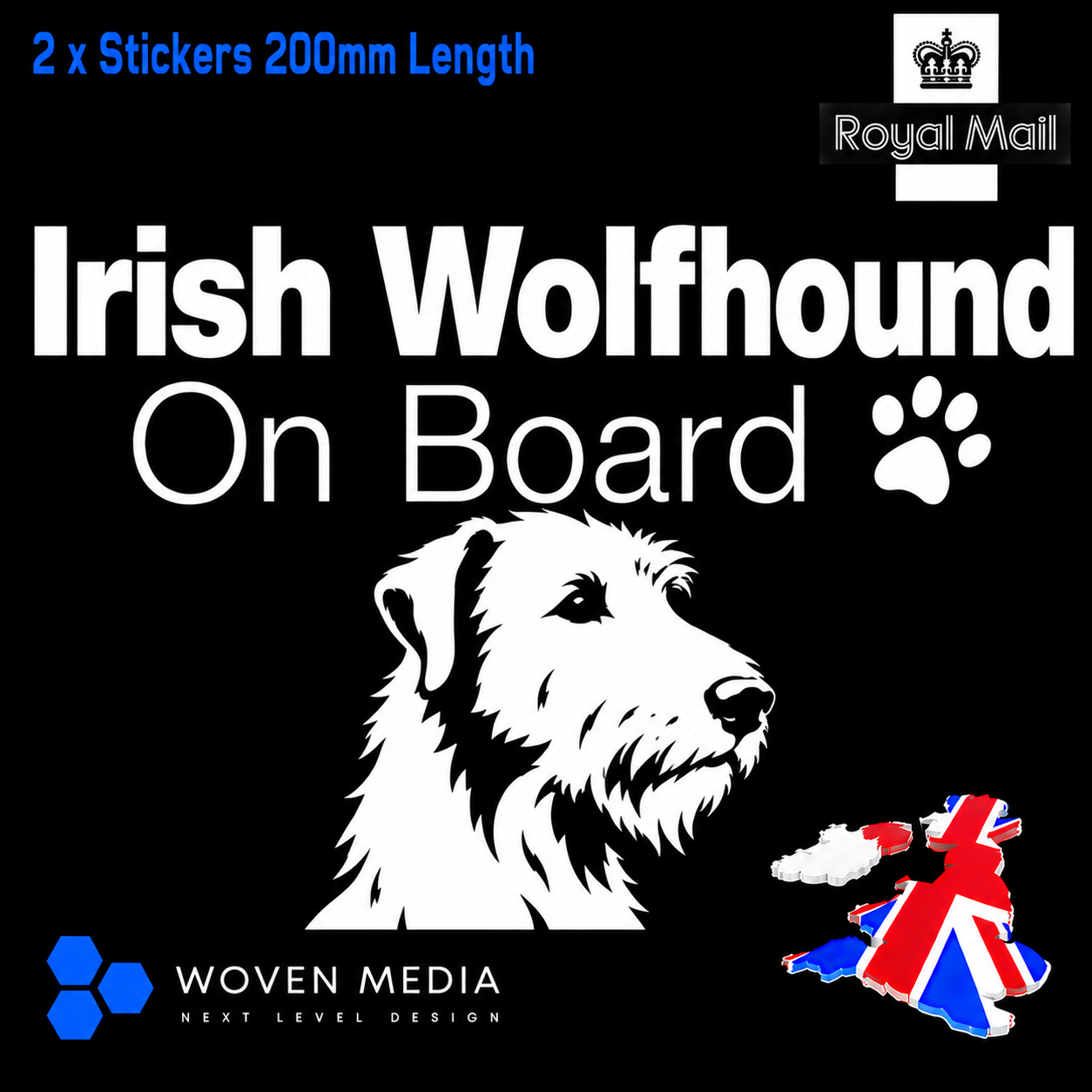 Irish Wolfhound On Board Decals & Stickers – Pair | White 200mm Vinyl Car Window Decals