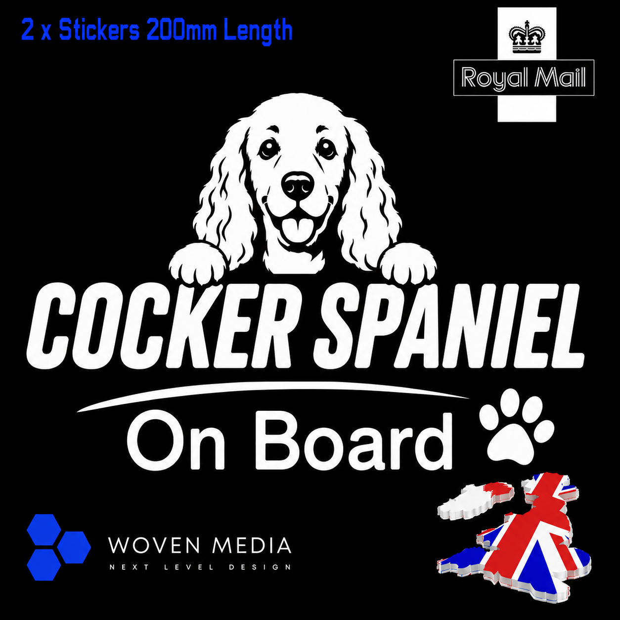 Cocker Spaniel On Board Decals & Stickers – Pair | White 200mm Vinyl Car Window Decals