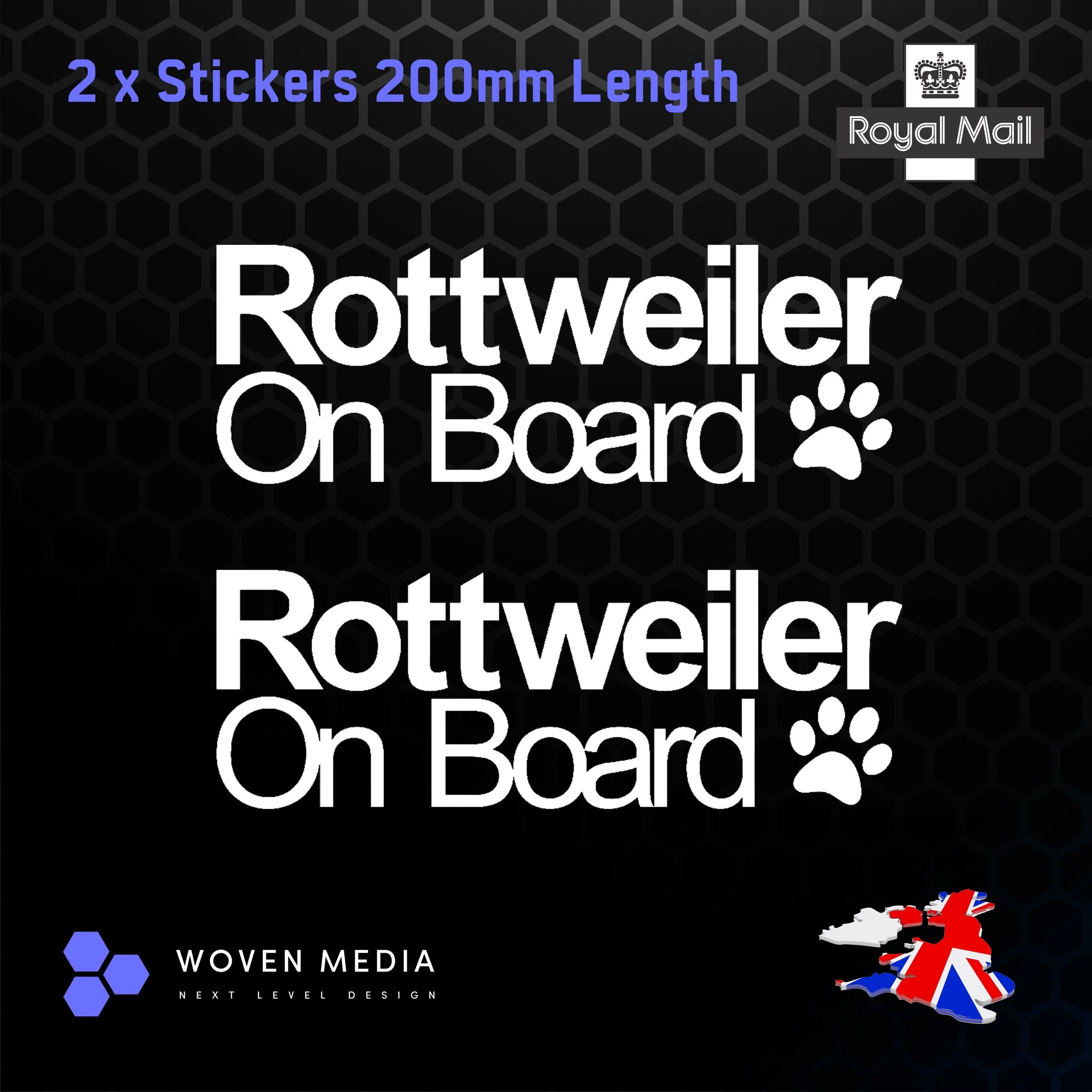Rottweiler On Board Decals & Stickers – Pair | White 200mm Vinyl Car Window Decals
