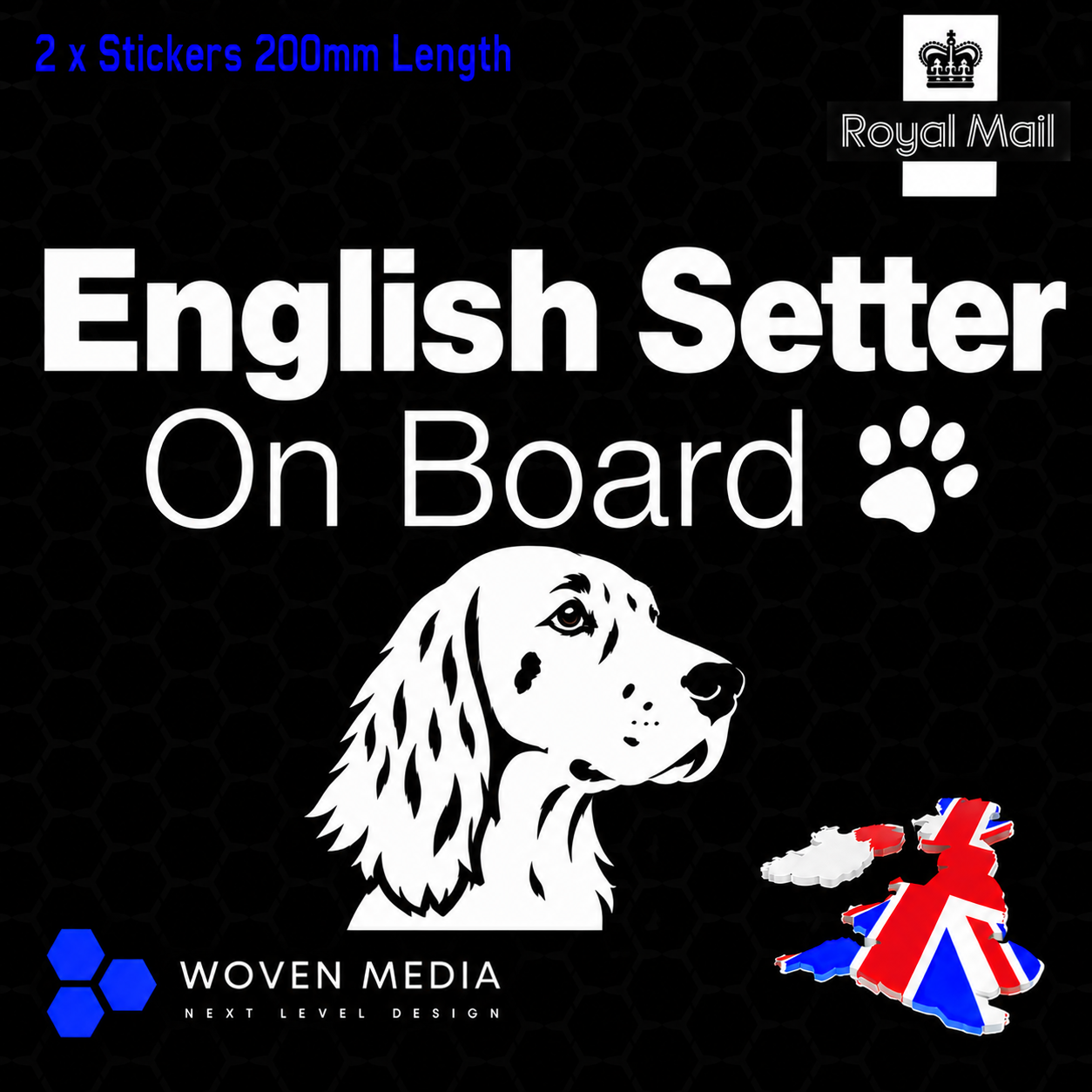 English Setter On Board Decals & Stickers – Pair | White 200mm Vinyl Car Window Decals