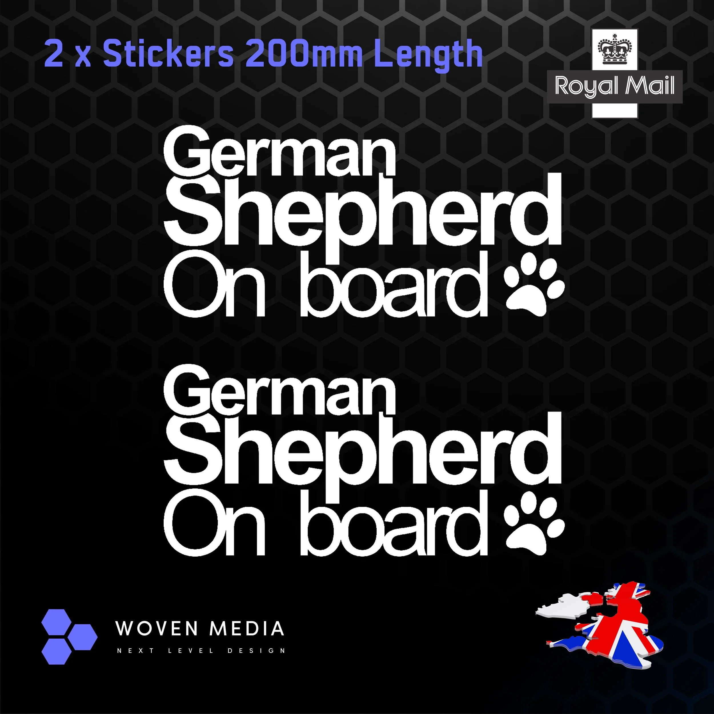 German Shepherd On Board Decals & Stickers – Pair | White 200mm Vinyl Car Window Decals