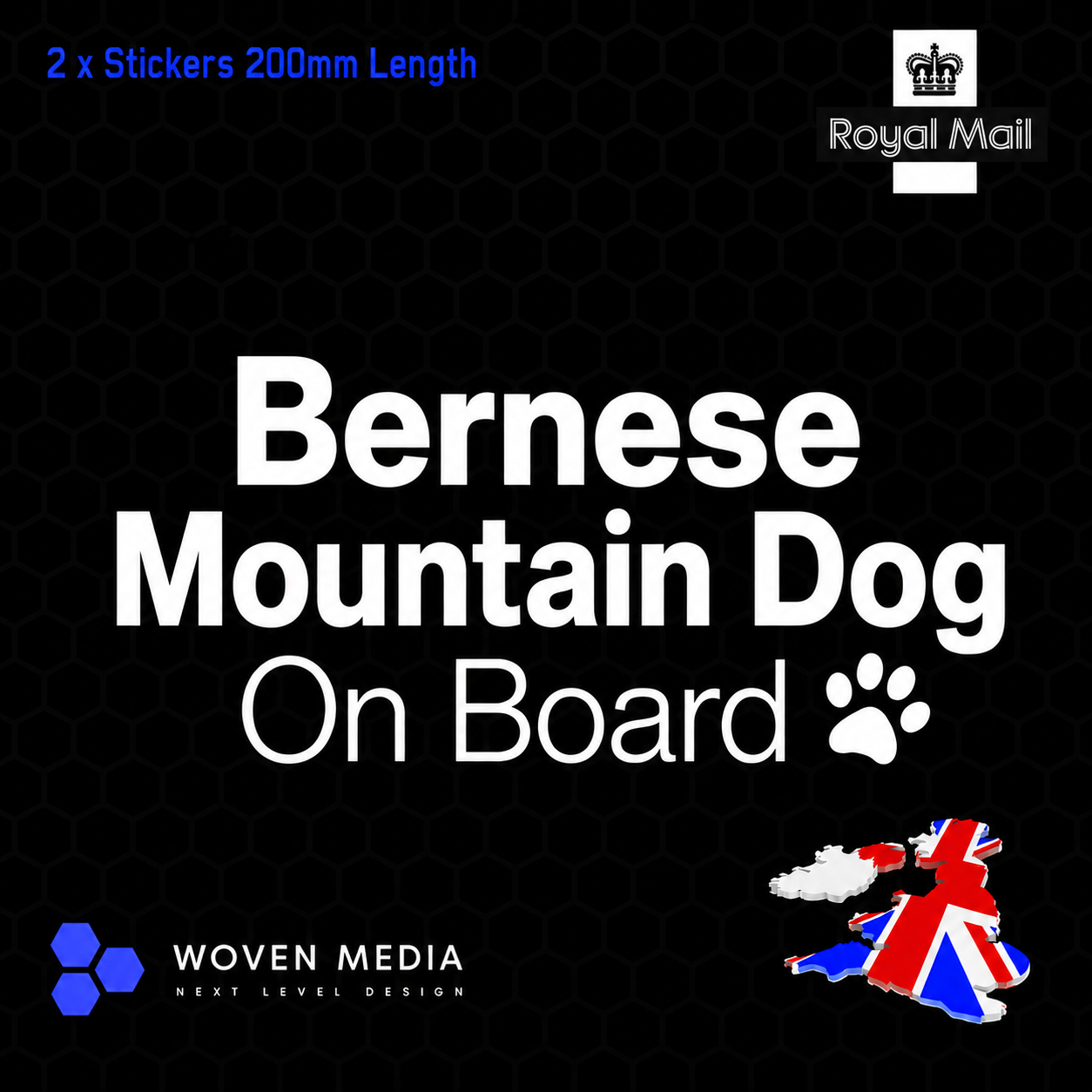 Bernese Mountain Dog On Board Decals & Stickers – Pair | White 200mm Vinyl Car Window Decals