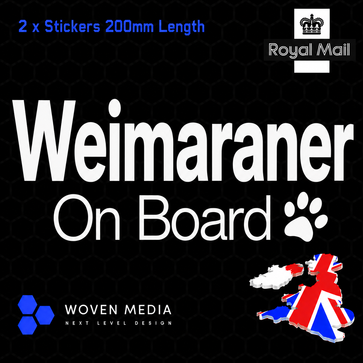 Weimaraner On Board Decals & Stickers – Pair | White 200mm Vinyl Car Window Decals
