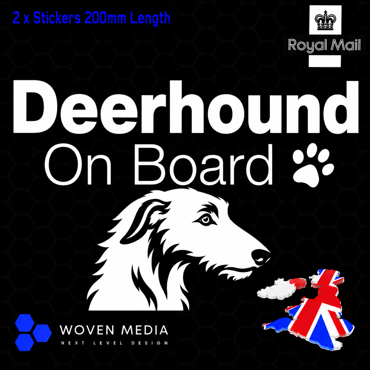Scottish Deerhound On Board Decals & Stickers – Pair | White 200mm Vinyl Car Window Decals