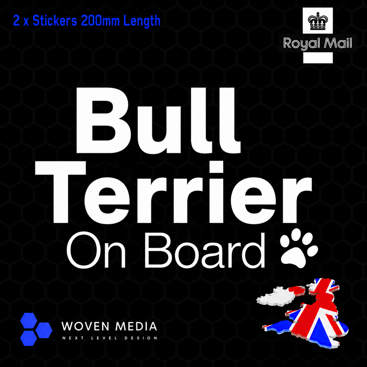 Bull Terrier On Board Decals & Stickers – Pair | White 200mm Vinyl Car Window Decals