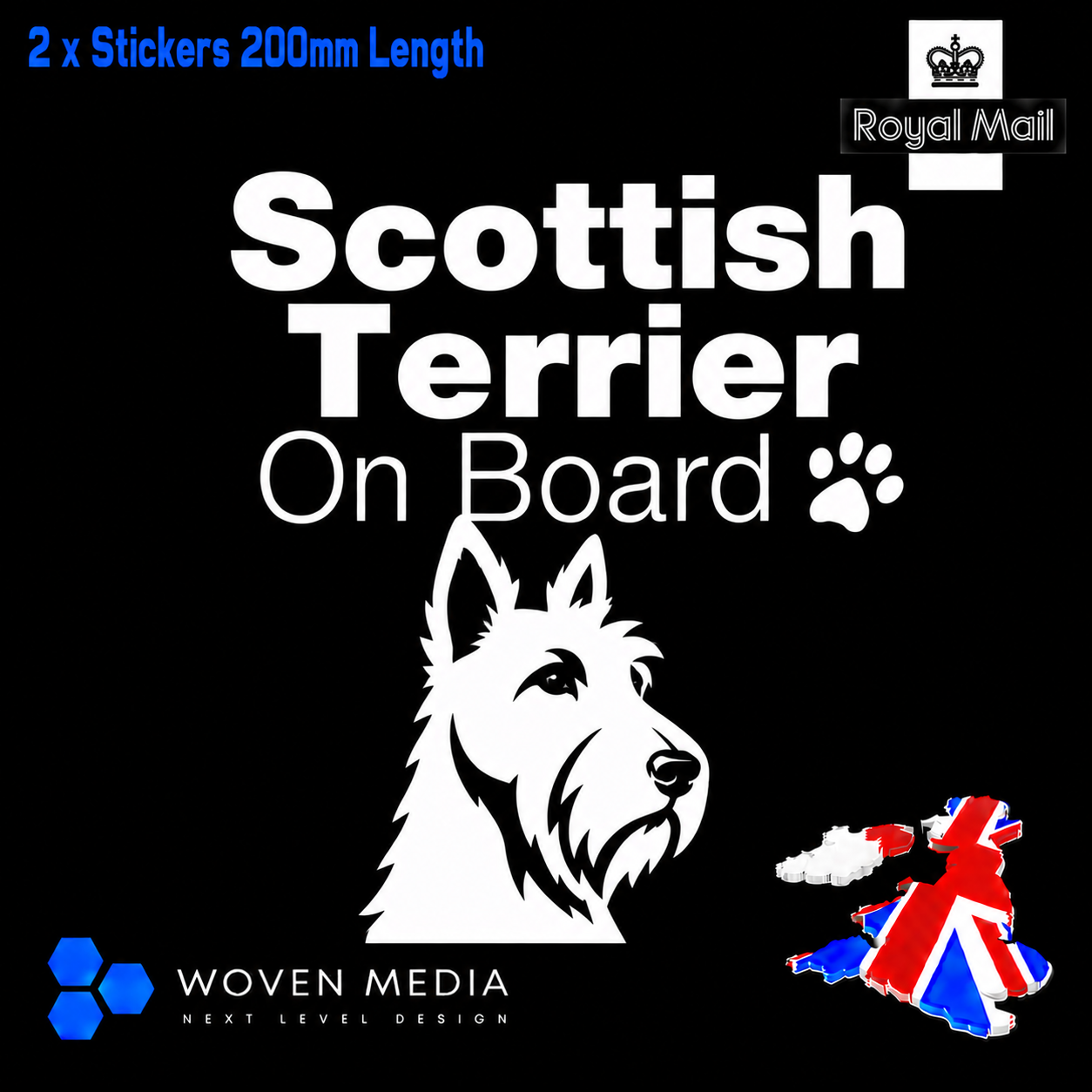 Scottish Terrier On Board Decals & Stickers – Pair | White 200mm Vinyl Car Window Decals